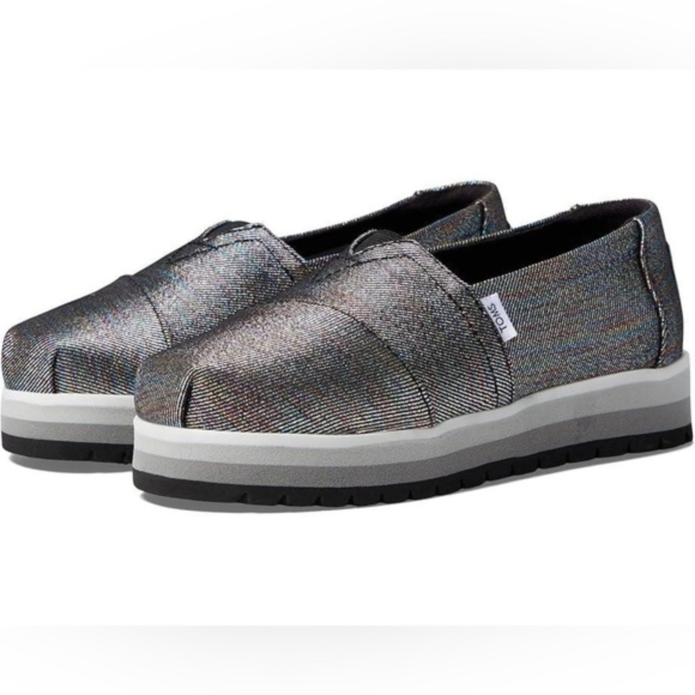 Tom’s Platform Alpargatas Kids Black Glimmer Loafer Slip-ons , 13.5, MSRP $49